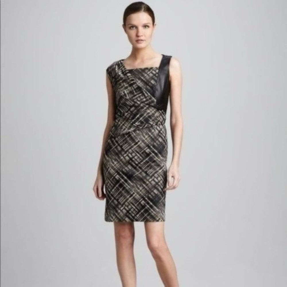 Lafayette 148 Vania Leather Trim Sheath Dress Size 2 Plaid Stripes